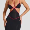 Rochie de seară Bella cu decupaje și borduri contrastante, în culoarea neagră