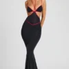 Rochie de seară Bella cu decupaje și borduri contrastante, în culoarea neagră