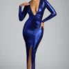 Rochie de seară cu mâneci lungi din jersey metalic Safiya, în albastru electric Rochie de seară cu mâneci lungi din jersey metalic Safiya, în albastru electric