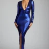 Rochie de seară cu mâneci lungi din jersey metalic Safiya, în albastru electric Rochie de seară cu mâneci lungi din jersey metalic Safiya, în albastru electric