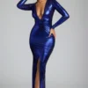 Rochie de seară cu mâneci lungi din jersey metalic Safiya, în albastru electric Rochie de seară cu mâneci lungi din jersey metalic Safiya, în albastru electric