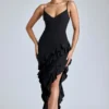 Rochie de seară cu volane și panouri Aurelie, în negru