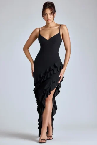 Rochie de seară cu volane și panouri Aurelie, în negru Rochie de seară cu volane și panouri Aurelie, în negru