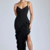 Rochie de seară cu volane și panouri Aurelie, în negru