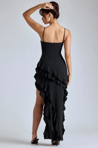 Rochie de seară cu volane și panouri Aurelie, în negru Rochie de seară cu volane și panouri Aurelie, în negru