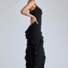 Rochie de seară cu volane și panouri Aurelie, în negru