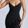 Rochie de seară cu volane și panouri Aurelie, în negru