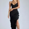 Rochie de seară cu volane și panouri Aurelie, în negru