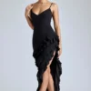 Rochie de seară cu volane și panouri Aurelie, în negru