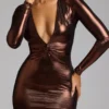 Rochie de seară Safiya din jersey metalic cu mâneci lungi, în nuanța cupru-bronz Rochie de seară Safiya din jersey metalic cu mâneci lungi, în nuanța cupru-bronz