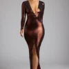 Rochie de seară Safiya din jersey metalic cu mâneci lungi, în nuanța cupru-bronz Rochie de seară Safiya din jersey metalic cu mâneci lungi, în nuanța cupru-bronz