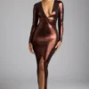 Rochie de seară Safiya din jersey metalic cu mâneci lungi, în nuanța cupru-bronz Rochie de seară Safiya din jersey metalic cu mâneci lungi, în nuanța cupru-bronz
