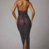 Rochie de seară Soraya cu guler înalt, transparentă și decorată, în culoarea bleumarin Rochie de seară Soraya cu guler înalt, transparentă și decorată, în culoarea bleumarin