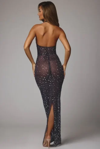 Rochie de seară Soraya cu guler înalt, transparentă și decorată, în culoarea bleumarin Rochie de seară Soraya cu guler înalt, transparentă și decorată, în culoarea bleumarin