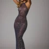 Rochie de seară Soraya cu guler înalt, transparentă și decorată, în culoarea bleumarin Rochie de seară Soraya cu guler înalt, transparentă și decorată, în culoarea bleumarin