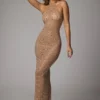 Rochie de seară Soraya transparentă, cu guler înalt și ornamente, în culoarea Almond Rochie de seară Soraya transparentă, cu guler înalt și ornamente, în culoarea Almond