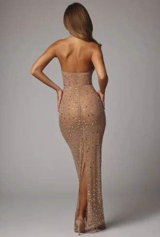 Rochie de seară Soraya transparentă, cu guler înalt și ornamente, în culoarea Almond Rochie de seară Soraya transparentă, cu guler înalt și ornamente, în culoarea Almond