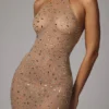 Rochie de seară Soraya transparentă, cu guler înalt și ornamente, în culoarea Almond Rochie de seară Soraya transparentă, cu guler înalt și ornamente, în culoarea Almond