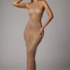 Rochie de seară Soraya transparentă, cu guler înalt și ornamente, în culoarea Almond Rochie de seară Soraya transparentă, cu guler înalt și ornamente, în culoarea Almond