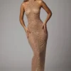 Rochie de seară Soraya transparentă, cu guler înalt și ornamente, în culoarea Almond Rochie de seară Soraya transparentă, cu guler înalt și ornamente, în culoarea Almond