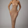 Rochie de seară Soraya transparentă, cu guler înalt și ornamente, în culoarea Almond Rochie de seară Soraya transparentă, cu guler înalt și ornamente, în culoarea Almond