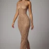 Rochie de seară Soraya transparentă, cu guler înalt și ornamente, în culoarea Almond Rochie de seară Soraya transparentă, cu guler înalt și ornamente, în culoarea Almond