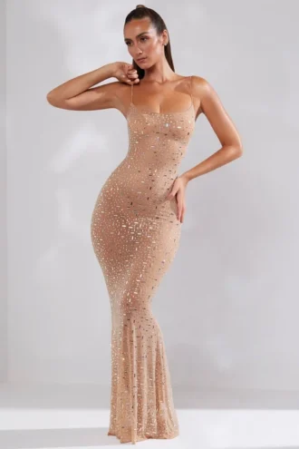 Rochie de seară transparentă cu decolteu rotund și ornamente Antonella, culoare Almond Rochie de seară transparentă cu decolteu rotund și ornamente Antonella, culoare Almond