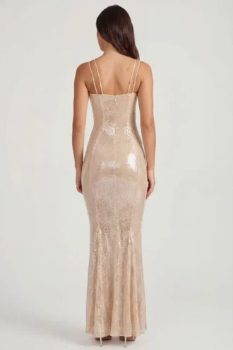 Rochie din dantelă cu guler pătrat și ornamente Sima, în nuanța Pale Peach