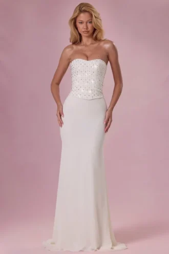 Rochie fără bretele cu corset decorat Melora, în culoarea Ivory