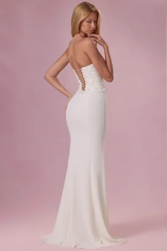 Rochie fără bretele cu corset decorat Melora, în culoarea Ivory