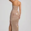 Rochie fără bretele cu decolteu adânc și ornamente Lucile, culoare migdală Rochie fără bretele cu decolteu adânc și ornamente Lucile, culoare migdală