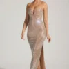 Rochie fără bretele cu decolteu adânc și ornamente Lucile, culoare migdală Rochie fără bretele cu decolteu adânc și ornamente Lucile, culoare migdală