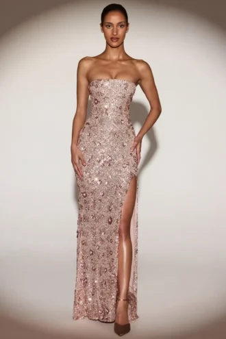 Rochie fără bretele cu decolteu bandeau și ornamente Solenna, în culoarea roz auriu