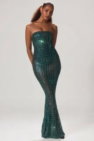 Rochie fără bretele cu ornamente Marleni în verde smarald