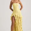 Rochie fără bretele Diletta cu volane, în galben pastel Rochie fără bretele Diletta cu volane, în galben pastel