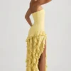 Rochie fără bretele Diletta cu volane, în galben pastel Rochie fără bretele Diletta cu volane, în galben pastel