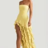 Rochie fără bretele Diletta cu volane, în galben pastel Rochie fără bretele Diletta cu volane, în galben pastel
