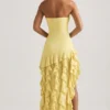 Rochie fără bretele Diletta cu volane, în galben pastel Rochie fără bretele Diletta cu volane, în galben pastel