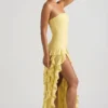 Rochie fără bretele Diletta cu volane, în galben pastel Rochie fără bretele Diletta cu volane, în galben pastel