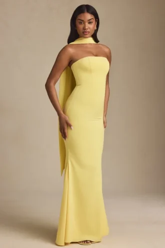 Rochie fără bretele Imogene cu detalii eșarfă, în galben pastel Rochie fără bretele Imogene cu detalii eșarfă, în galben pastel