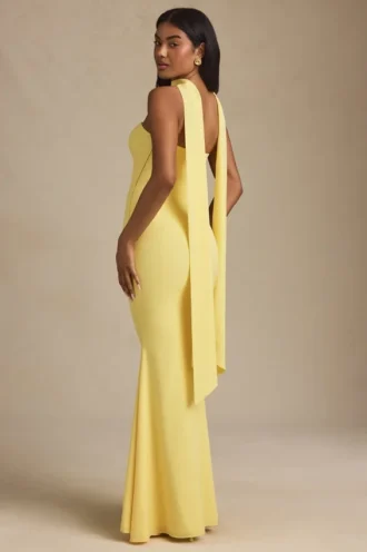 Rochie fără bretele Imogene cu detalii eșarfă, în galben pastel Rochie fără bretele Imogene cu detalii eșarfă, în galben pastel