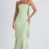 Rochie fără bretele Imogene cu detalii tip eșarfă, în verde primăvară Rochie fără bretele Imogene cu detalii tip eșarfă, în verde primăvară