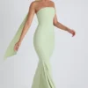 Rochie fără bretele Imogene cu detalii tip eșarfă, în verde primăvară Rochie fără bretele Imogene cu detalii tip eșarfă, în verde primăvară