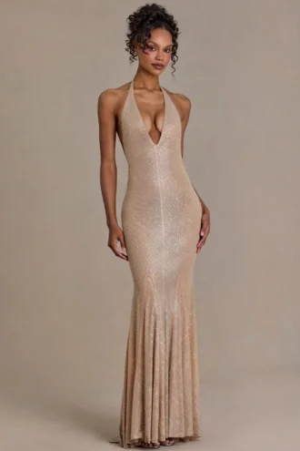 Rochie lungă asimetrică cu decolteu adânc și spate decupat Ameline Premium, în nuanța bej auriu Rochie lungă asimetrică cu decolteu adânc și spate decupat Ameline Premium, în nuanța bej auriu