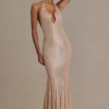 Rochie lungă asimetrică cu decolteu adânc și spate decupat Ameline Premium, în nuanța bej auriu Rochie lungă asimetrică cu decolteu adânc și spate decupat Ameline Premium, în nuanța bej auriu
