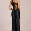Rochie lungă asimetrică cu legătură la spate Adelina, negru