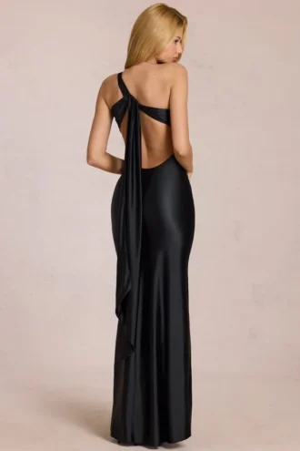 Rochie lungă asimetrică cu legătură la spate Adelina, negru Rochie lungă asimetrică cu legătură la spate Adelina, negru