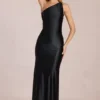 Rochie lungă asimetrică cu legătură la spate Adelina, negru