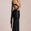 Rochie lungă asimetrică cu legătură la spate Adelina, negru
