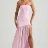 Rochie lungă asimetrică fără bretele, cu coadă de pește, Melina, în roz pal Rochie lungă asimetrică fără bretele, cu coadă de pește, Melina, în roz pal